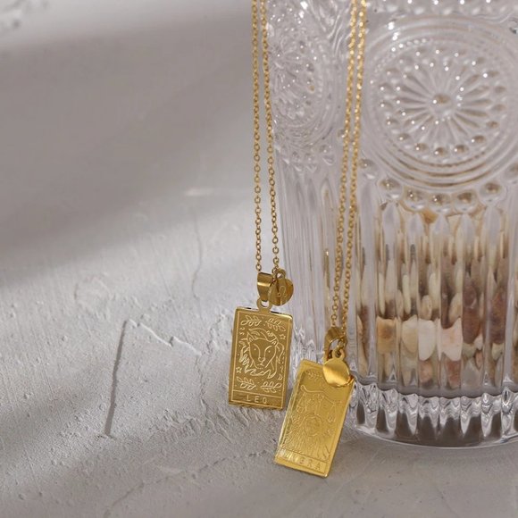 NEW 18K Gold Plated Leo Sign Zodiac Tarot Card Square Pendant Neck… - Picture 11 of 14
